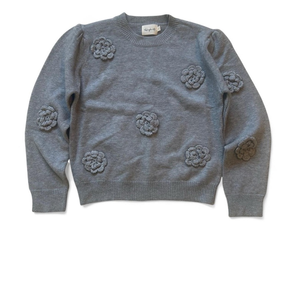 Elegant Gray Floral Crew Neck Sweater
